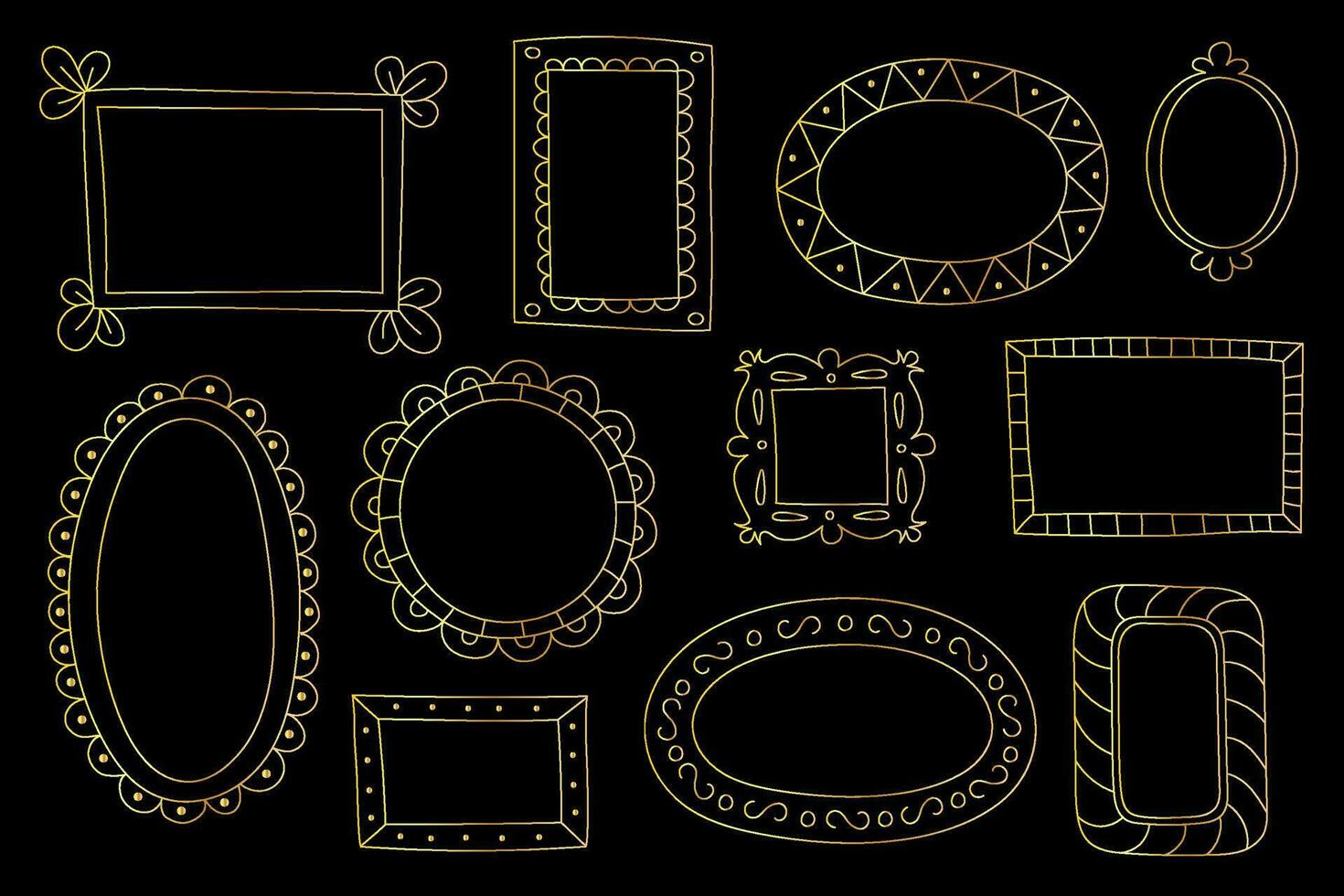 Clipart set of vintage doodle gold frames for photos and paintings. Hand-drawn metallic elements on a dark background. vector