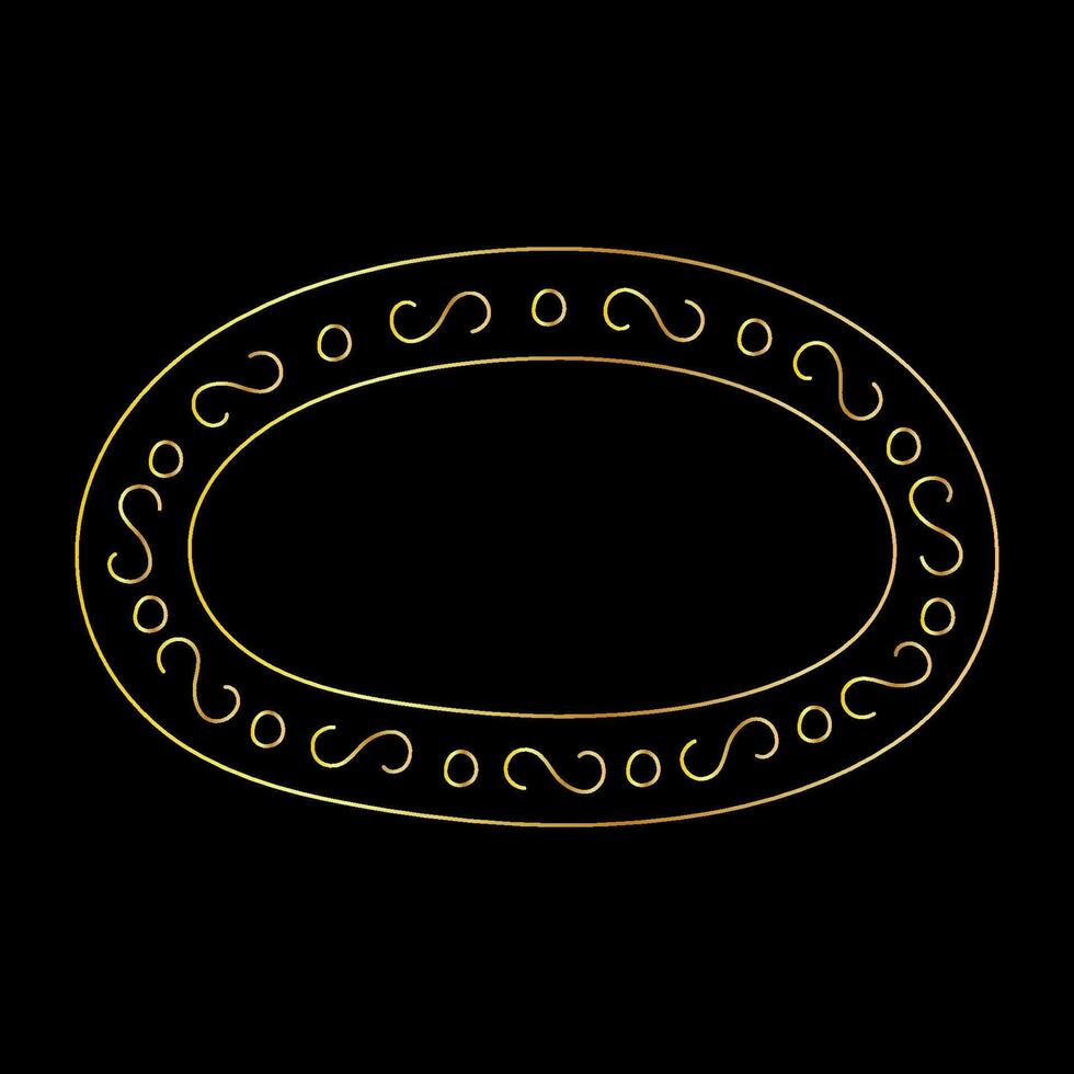 Doodle hand drawn golden oval frame isolated on black background. Decor for photos and paintings, beautiful vintage elements. vector
