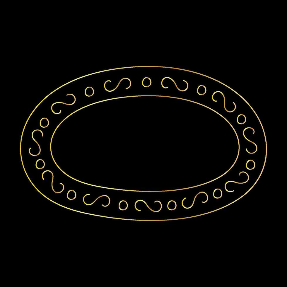 Doodle hand drawn golden oval frame isolated on black background. Decor for photos and paintings, beautiful vintage elements. vector