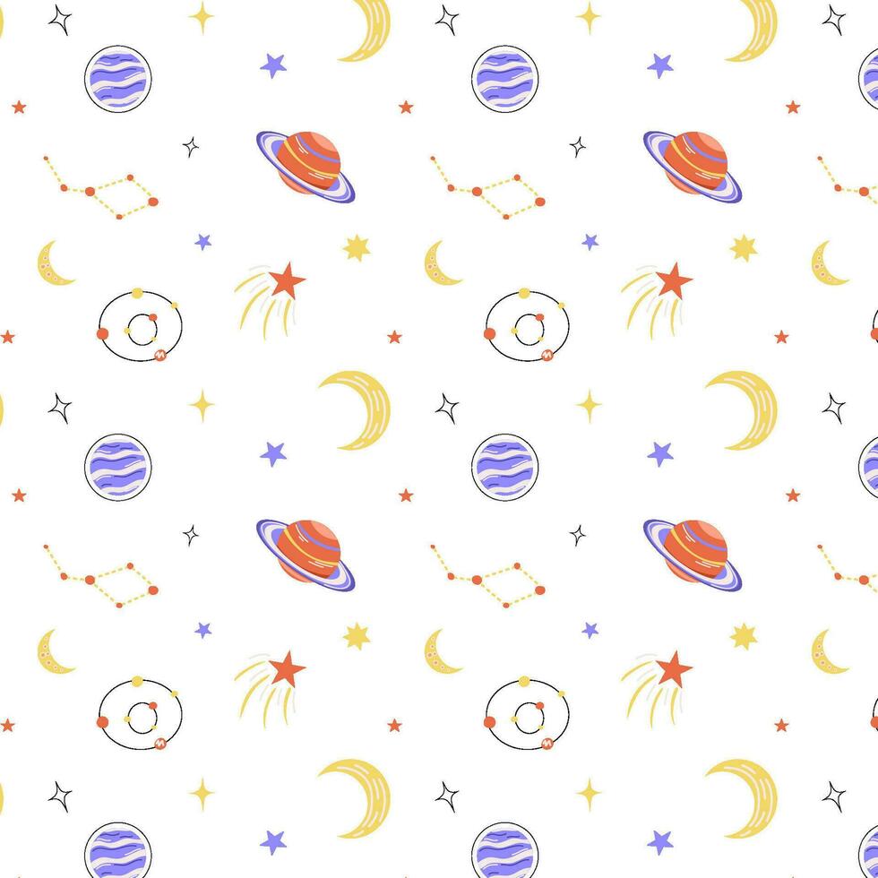 Space pattern, seamless background for textiles, packaging and children's bedding. Cosmic pattern in the style of flat, planets and comets, stars and galaxies. vector
