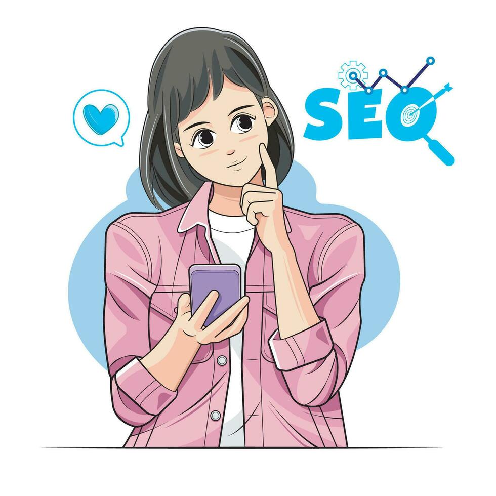 un joven niña es utilizando su teléfono a optimizar SEO vector ilustración gratis descargar