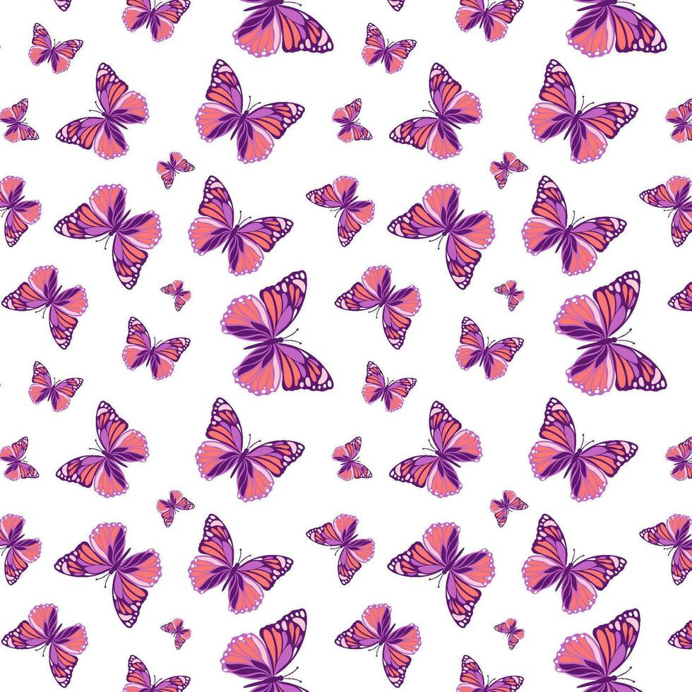 insectos, mariposa patrón, fondo, púrpura rosado primavera estado animico modelo. amable sin costura modelo con mariposas para antecedentes y paquetes vector