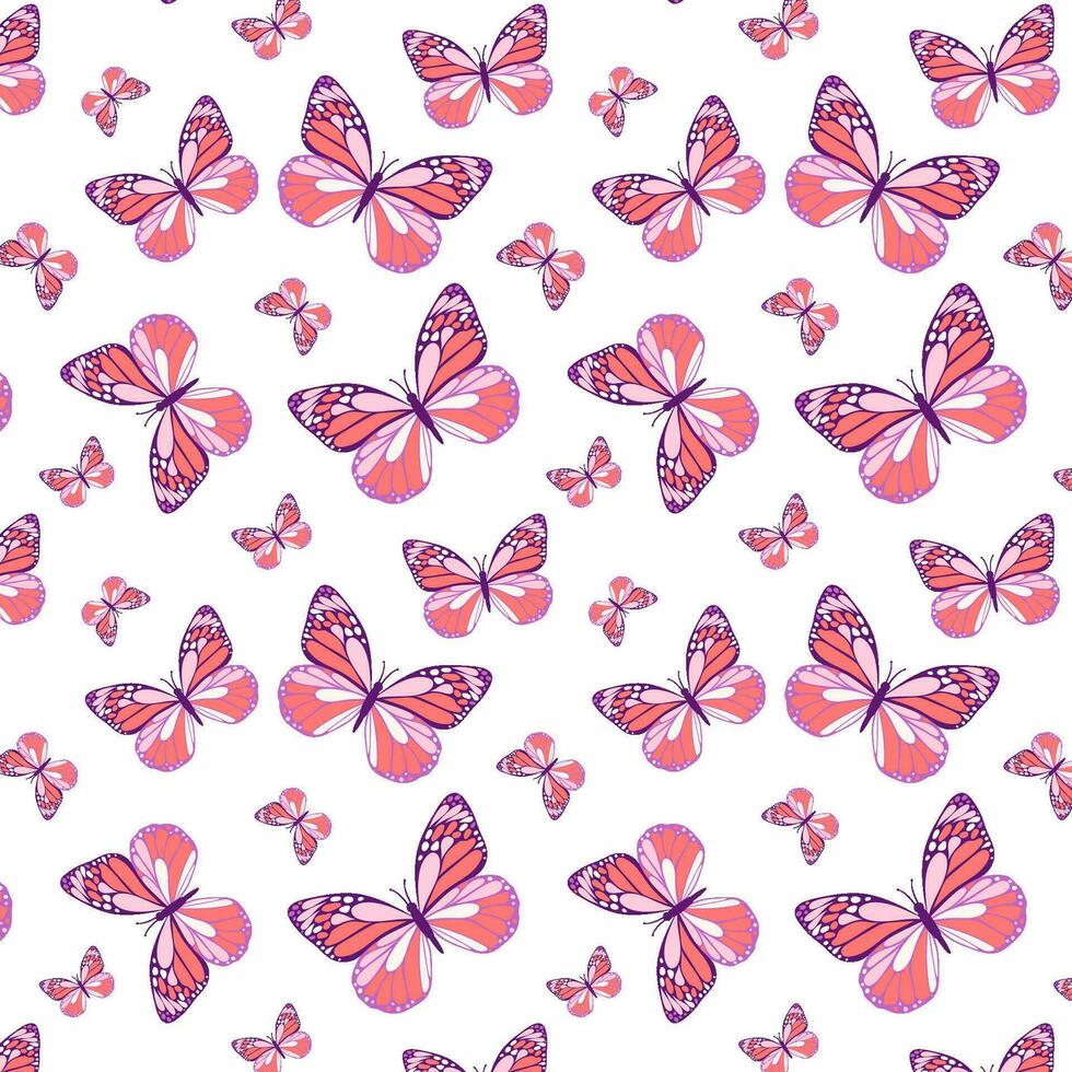 Insects, butterfly pattern, background, purple pink spring mood pattern. Gentle seamless pattern with butterflies for backgrounds and packages. vector