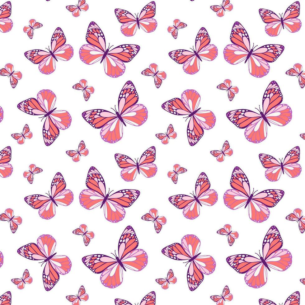 Insects, butterfly pattern, background, purple pink spring mood pattern. Gentle seamless pattern with butterflies for backgrounds and packages. vector