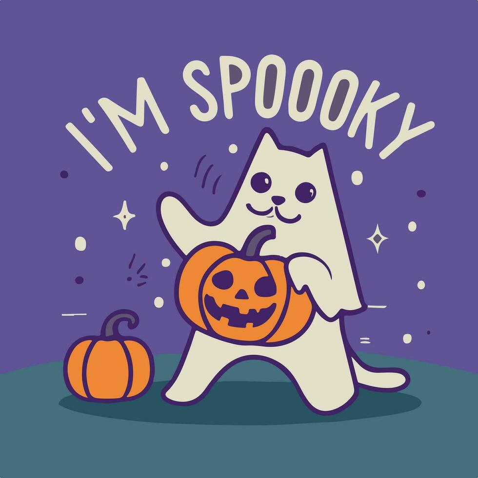 Magician Cat in Spooky ghost Halloween costume holding a carved pumpkin vector