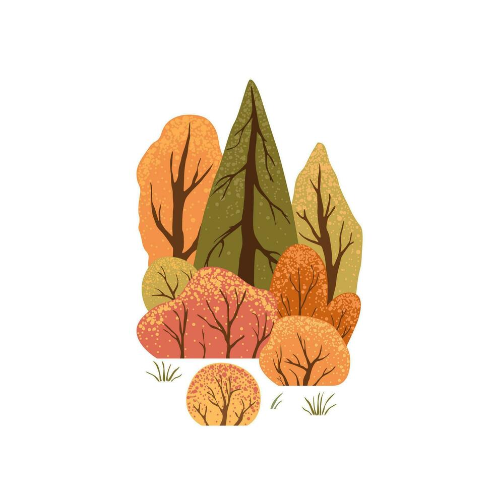 Scene with autumn trees and bushes. Countryside landscape. Isolated on white background. Autumn nature. Stock vector illustration