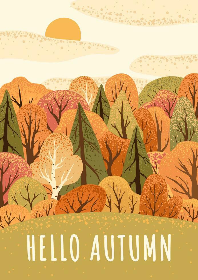 Scene with autumn trees and bushes. Countryside landscape. Isolated on white background. Autumn nature. Stock vector illustration