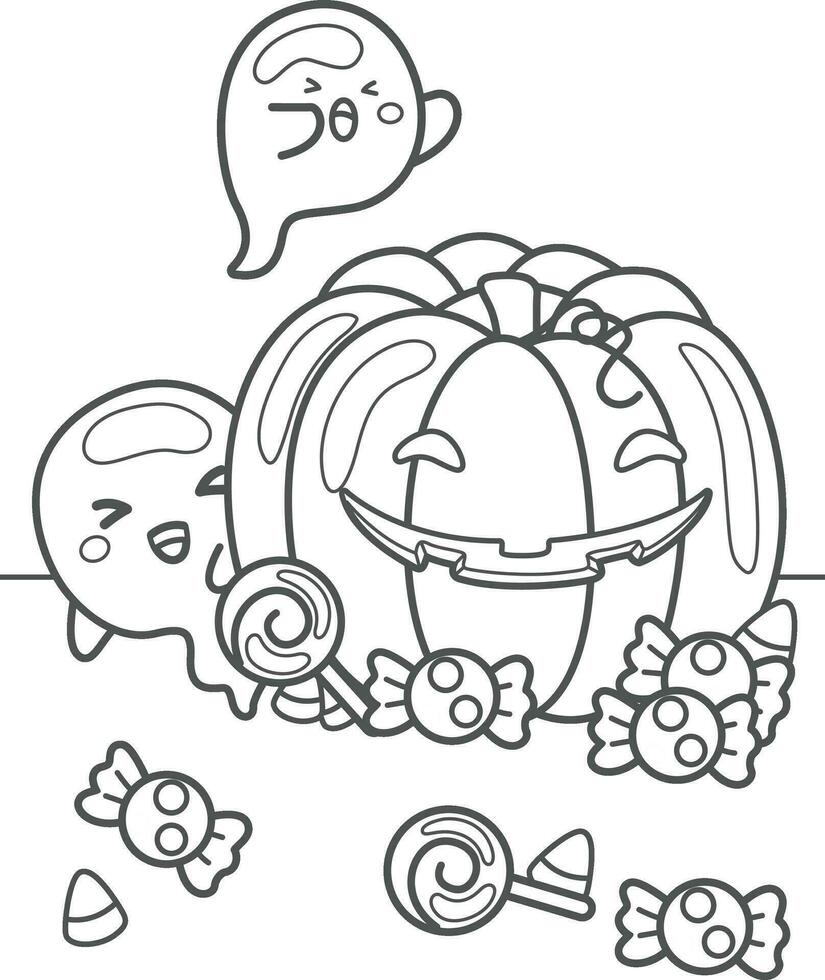 Funny Ghost Halloween and Pumpkin Cartoon Coloring Pages for Kids and Adult Activity vector