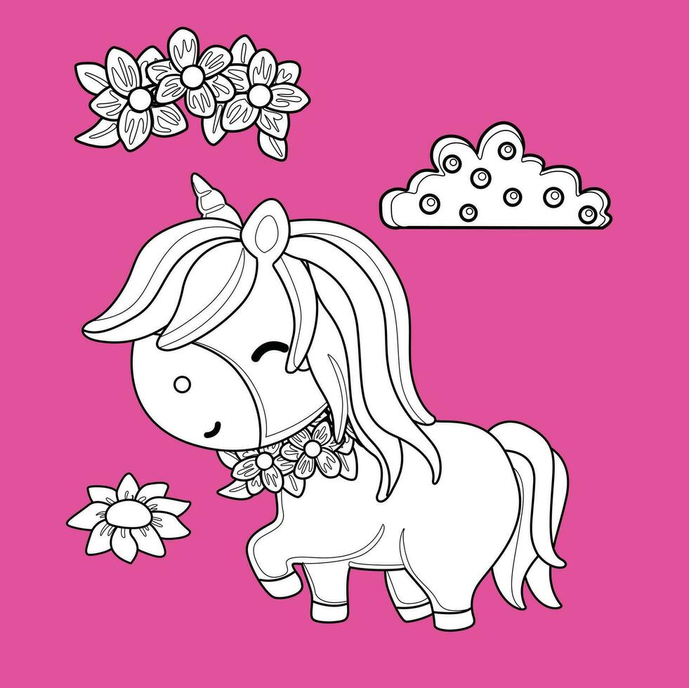 linda unicornio manguera animal imaginación dibujos animados digital sello contorno vector