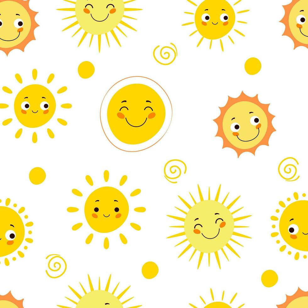 Hand drawn seamless pattern with cute sun illustration in cartoon style vector