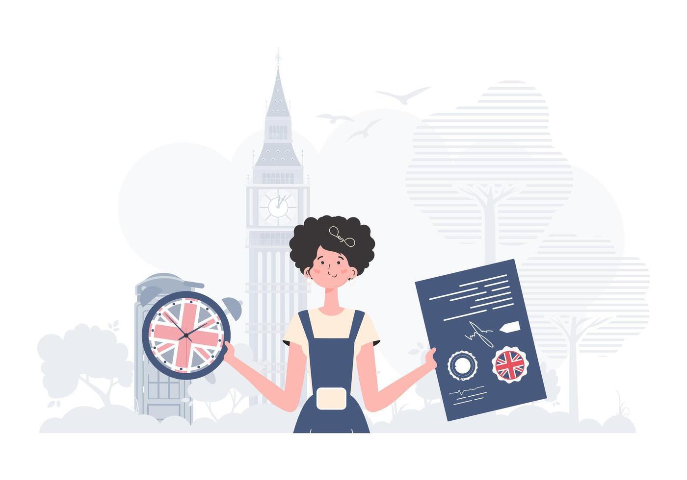 The concept of learning English. Woman teacher shows that it's time to learn English. Flat modern style. Vector illustration.
