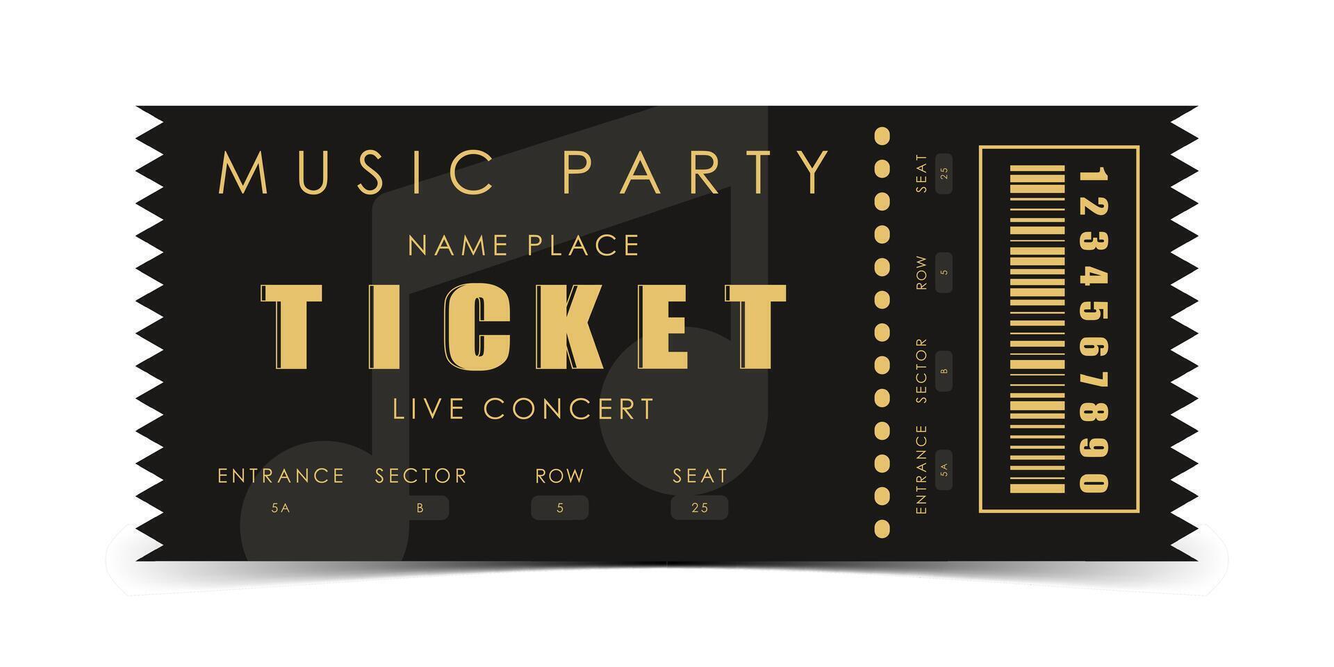 Sample ticket for a musical concert. Modern elegant ticket card illustration template. Vector illustration.