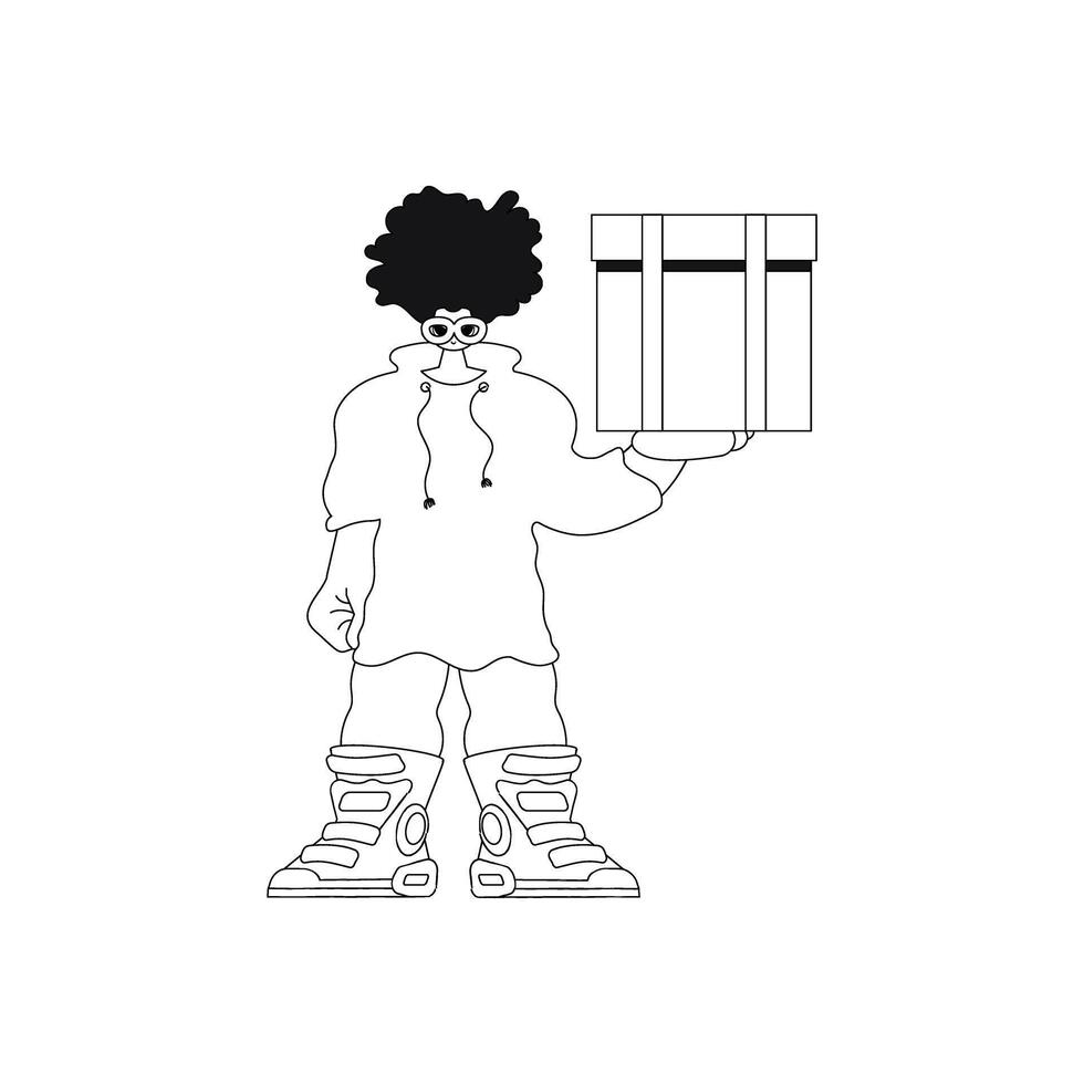 Man grips box. parcel delivery. Linear illustration in . vector