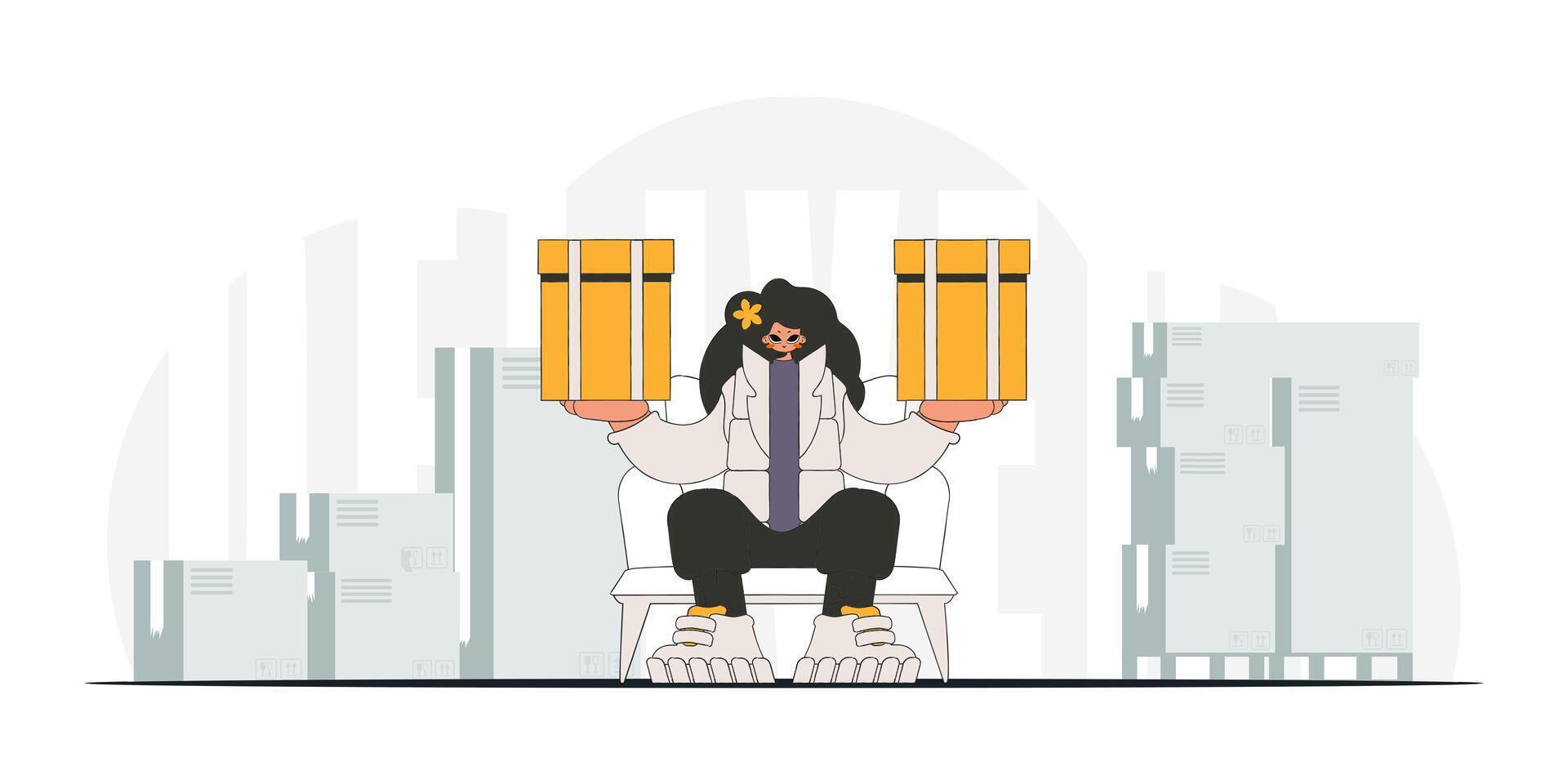 Delightful woman holding boxes in her hands. An art piece showcasing the conveyance of parcels and goods vector