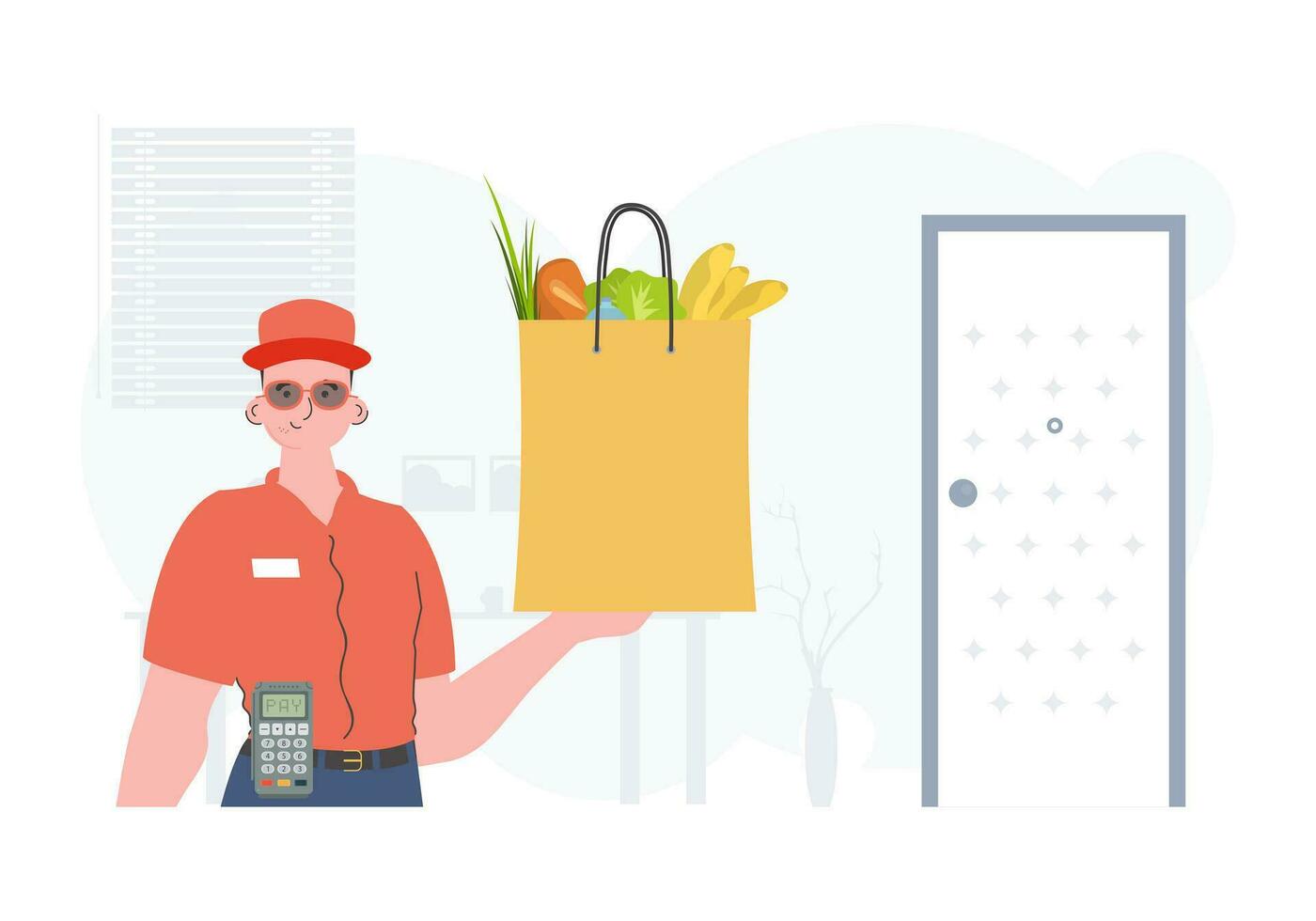 Home delivery concept. A man delivers a package of products. Cartoon style. Vector. vector