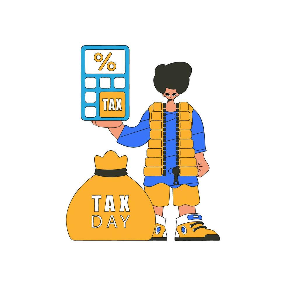 A fashionable man holds a calculator in his hand Tax payment theme. vector