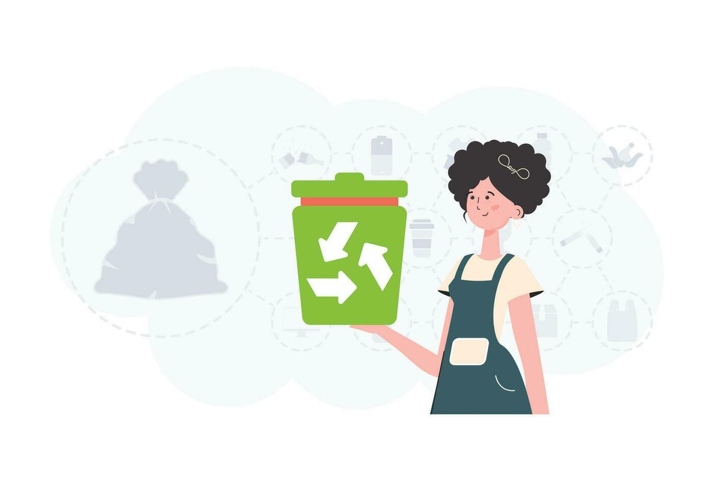 el concepto de reciclaje y cero desperdiciar. el niña es participación un basura lata en su manos. vector ilustración plano de moda estilo.
