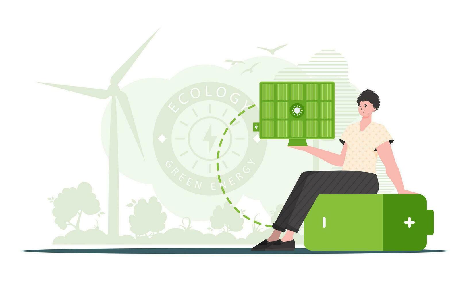 Eco energy concept. A man sits on a battery and holds a solar panel in his hands. Vector illustration.