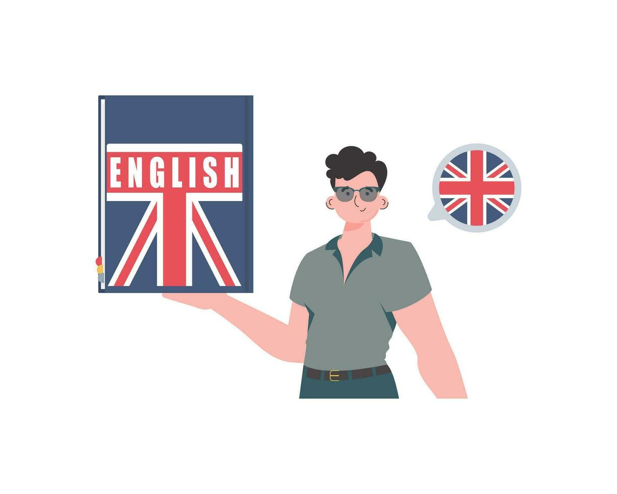 un hombre sostiene un Inglés diccionario en su manos. el concepto de aprendizaje inglés. aislado. plano moderno estilo. vector ilustración.