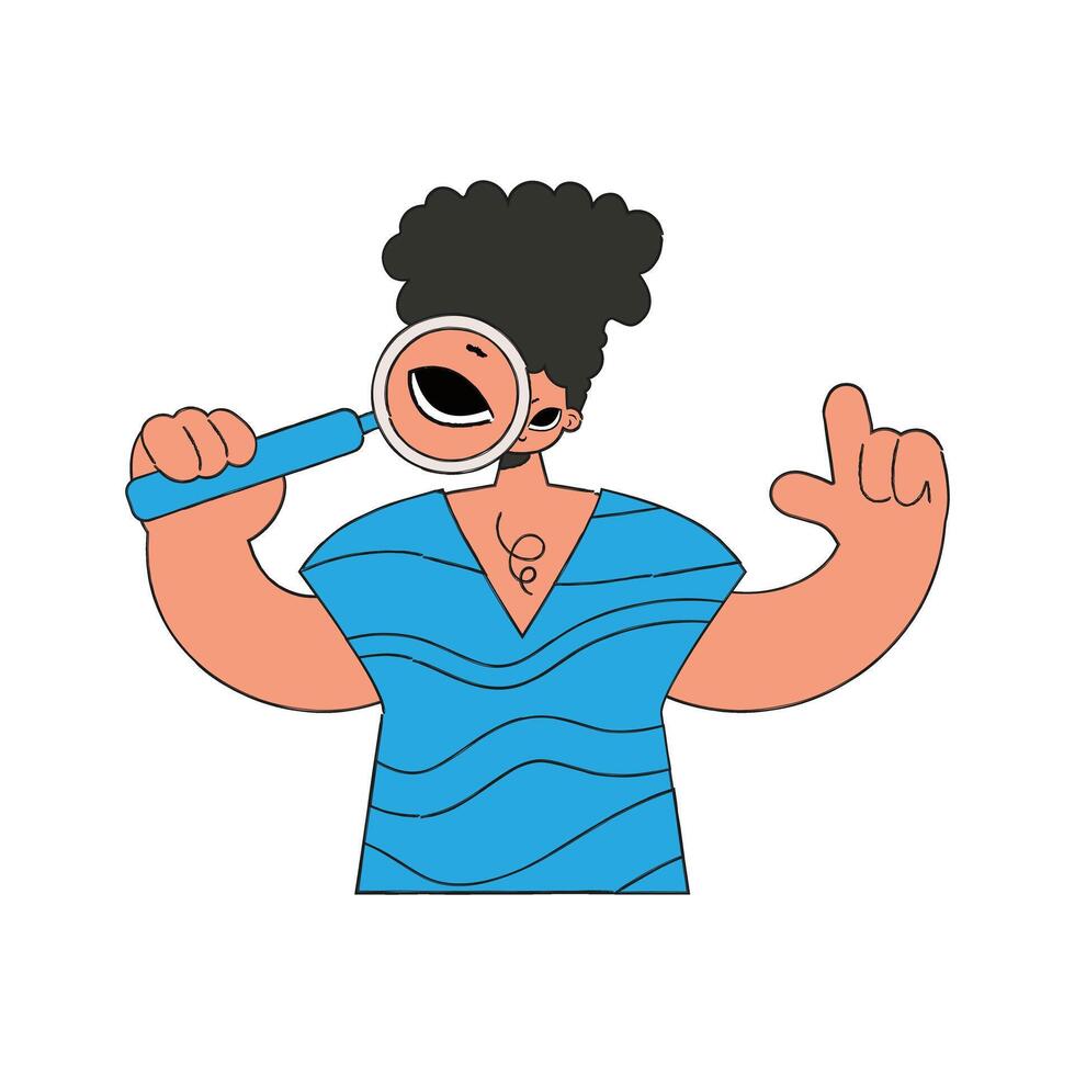 el chico es participación un aumentador vaso en su manos. buscar para información. lineal retro estilo personaje. vector