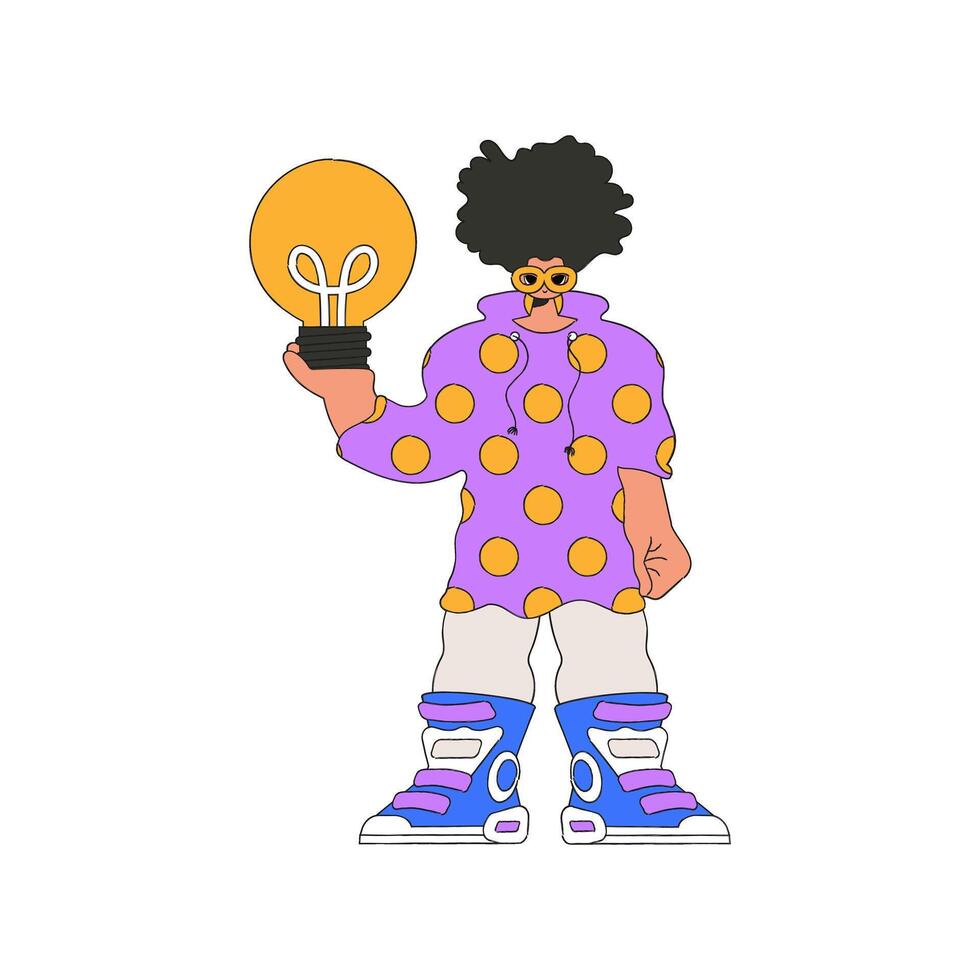 Gorgeous man holding a light bulb in his hands. Idea theme. vector