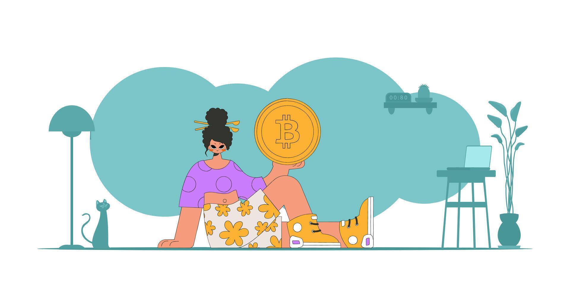 The girl is holding a bitcoin. Cryptocurrency and fiat exchange concept. vector