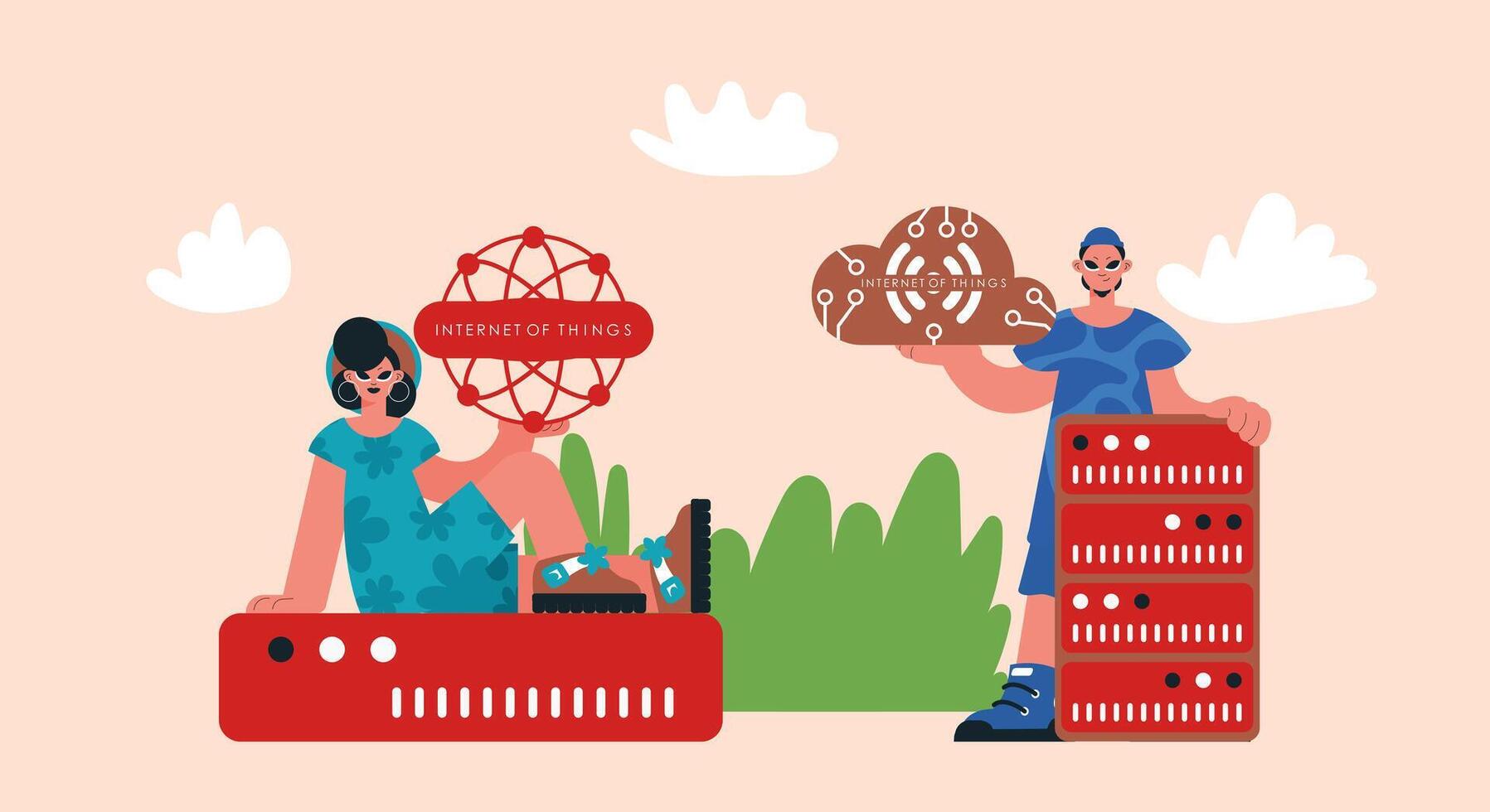 Two people sitting on top of a red server vector