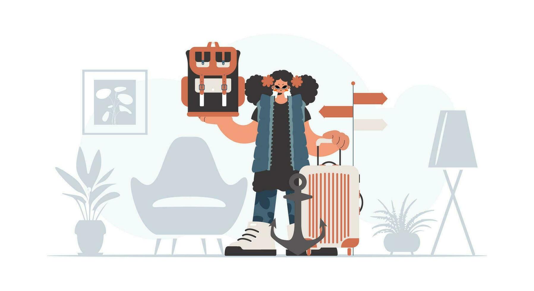 The young lady is holding a travel rucksack and a bag. The concept of rest and travel. Trendy style, Vector Illustration