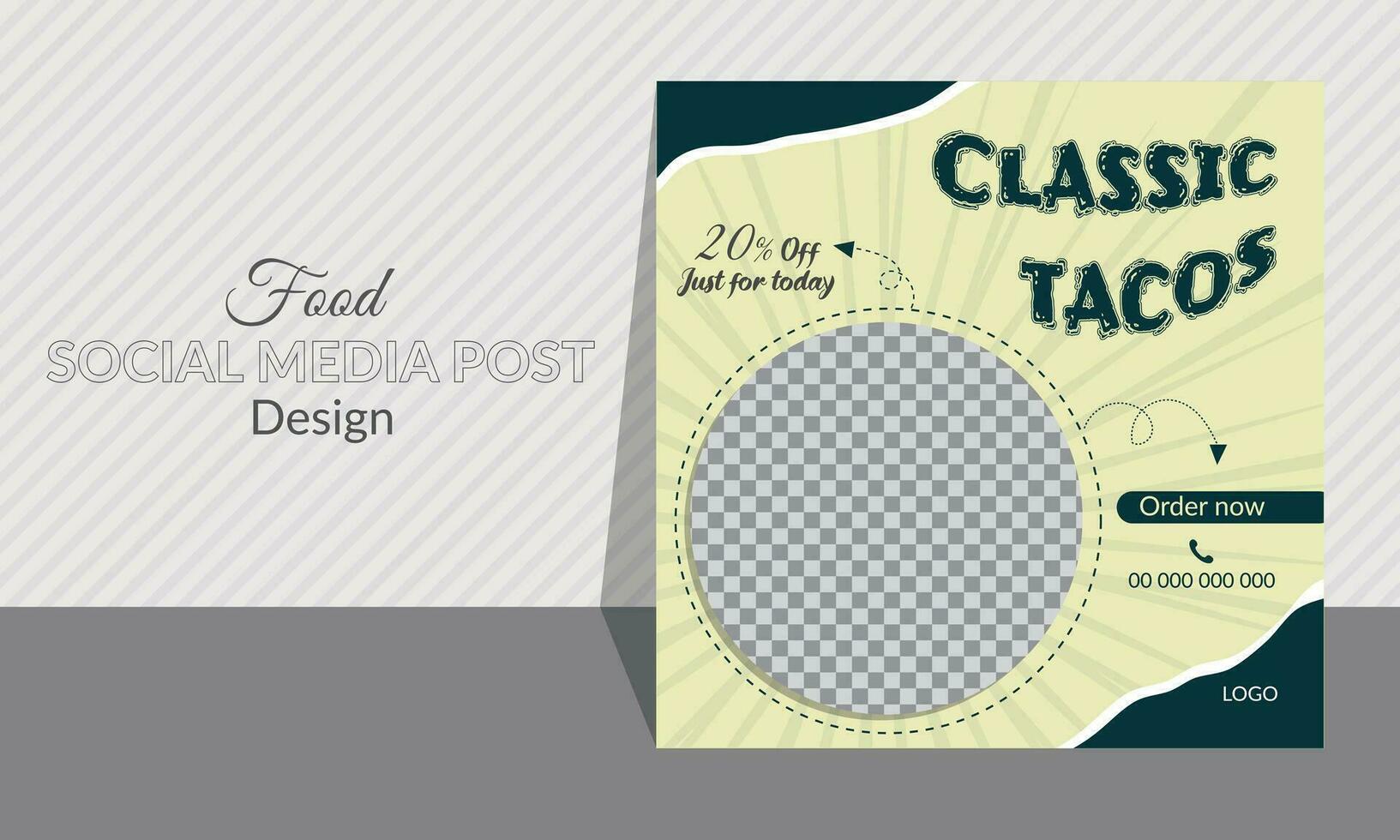 Tacos social media post design. Snacks design for restaurant and hotels. Healthy and delicious classic tacos ad, discount offer. Clean, editable. Unique geometric and curvy shapes with text effect. vector