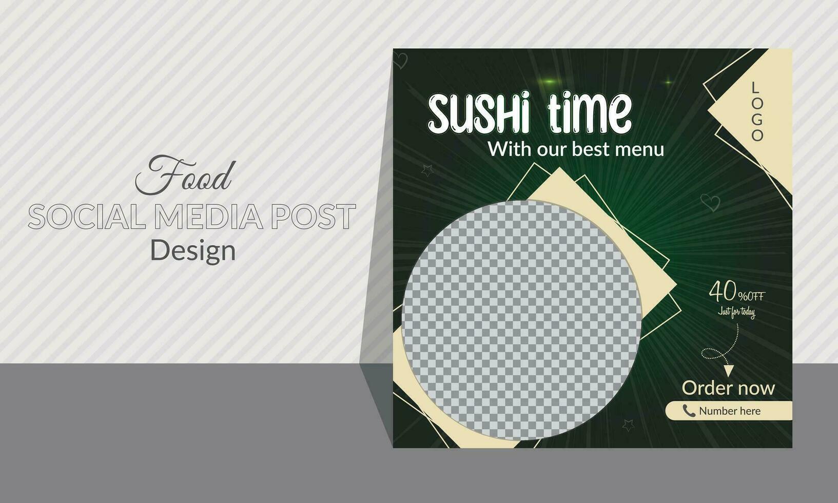 Sushi social media post design. Seafood and sushi design for restaurant and hotels. Healthy and delicious sushi advertisement, discount offer. Clean, editable. Unique geometric shapes and layout. vector