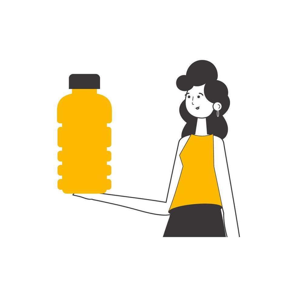 The woman is holding a bottle in her hand. Lineart style. Isolated on white background. Vector illustration.