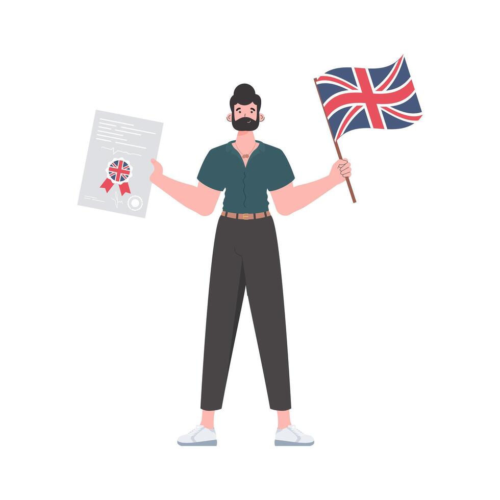 Male teacher shows that it's time to learn English. The concept of teaching English. Isolated. Trendy flat style. . vector