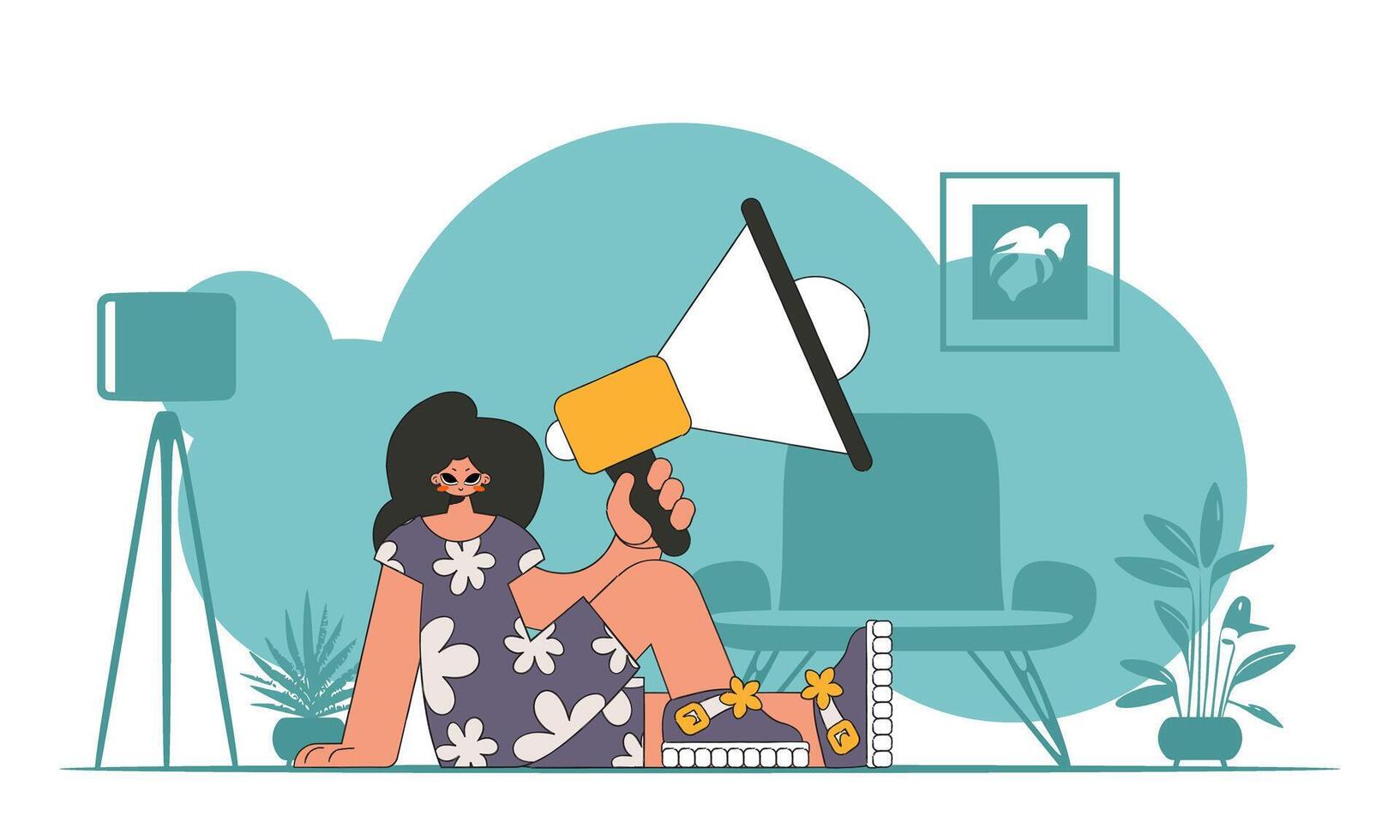 Stylized vector illustration of a HR representative. Stylish woman sits on the floor and holds a megaphone.