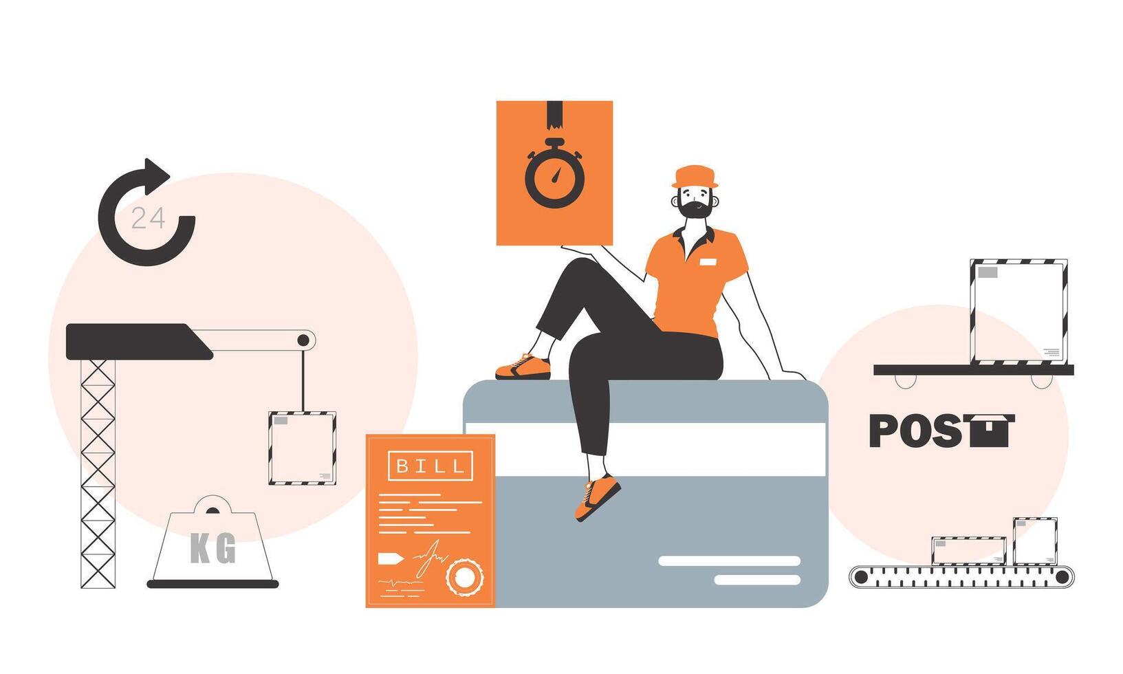 The guy is sitting on a bank card and holding a parcel. Delivery concept. Linear modern style. vector