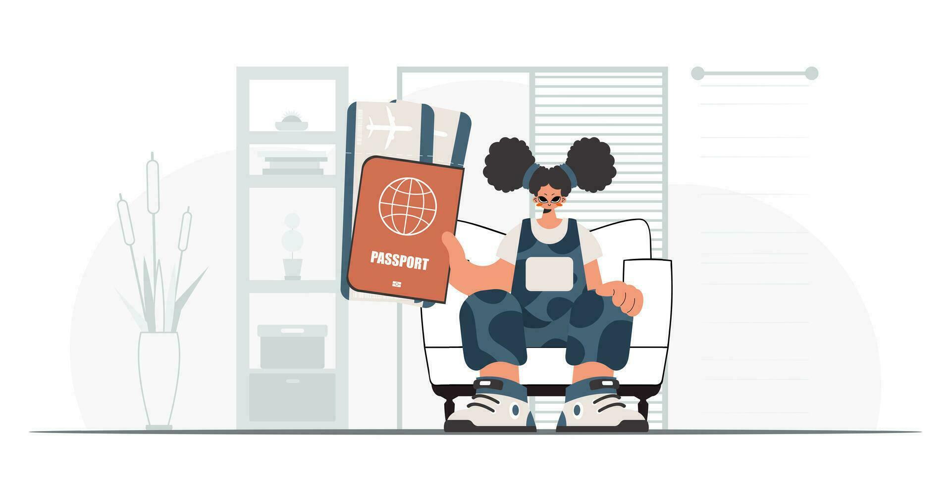 el inundación mujer sostiene un visa y ver a Entradas en su manos. el concepto de descanso y viajar. de moda estilo, vector ilustración