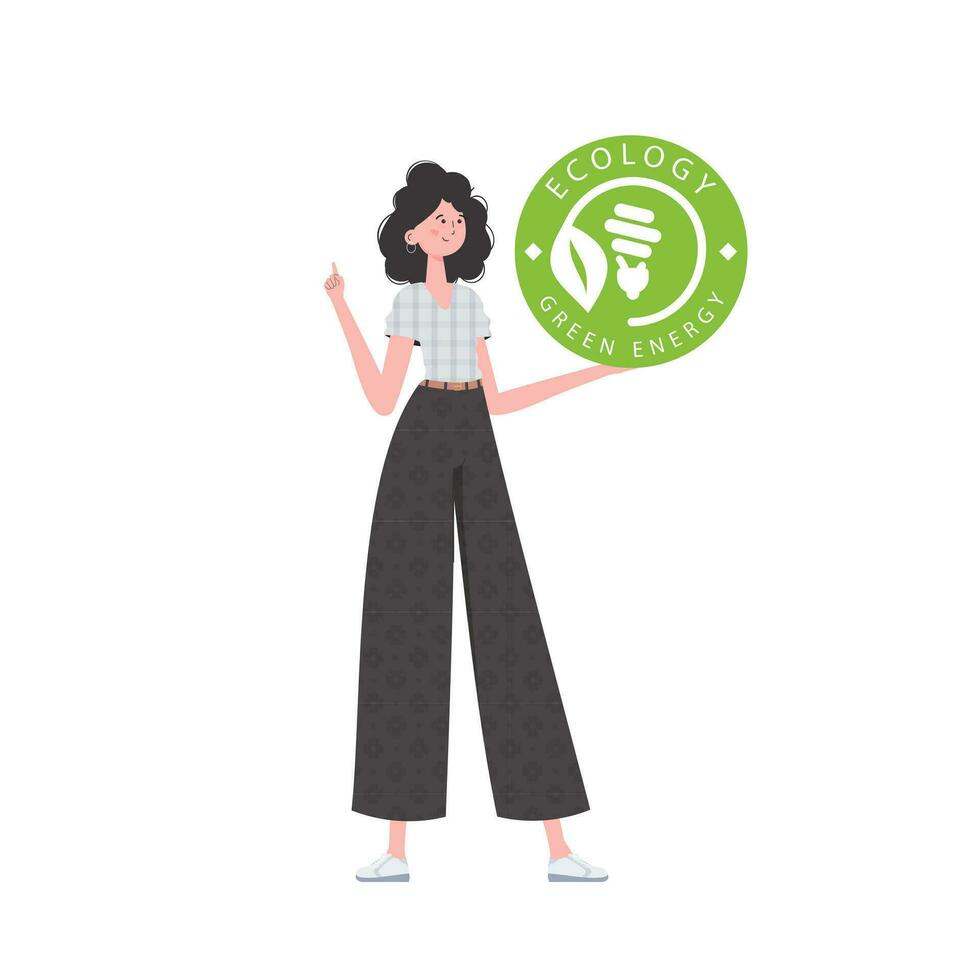 The girl holds the ECO logo in her hands. The character is depicted in full growth. The concept of green energy and ecology. Isolated on white background. trendy style. Vector illustration.