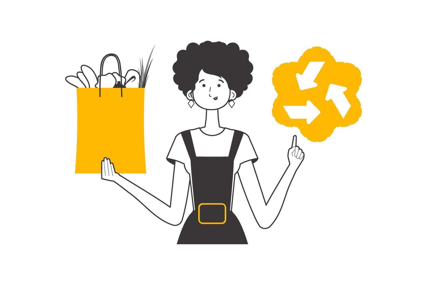 Woman, package with products and eco logo. The concept of ecological products. Lineart style. Isolated on white background. illustration. vector