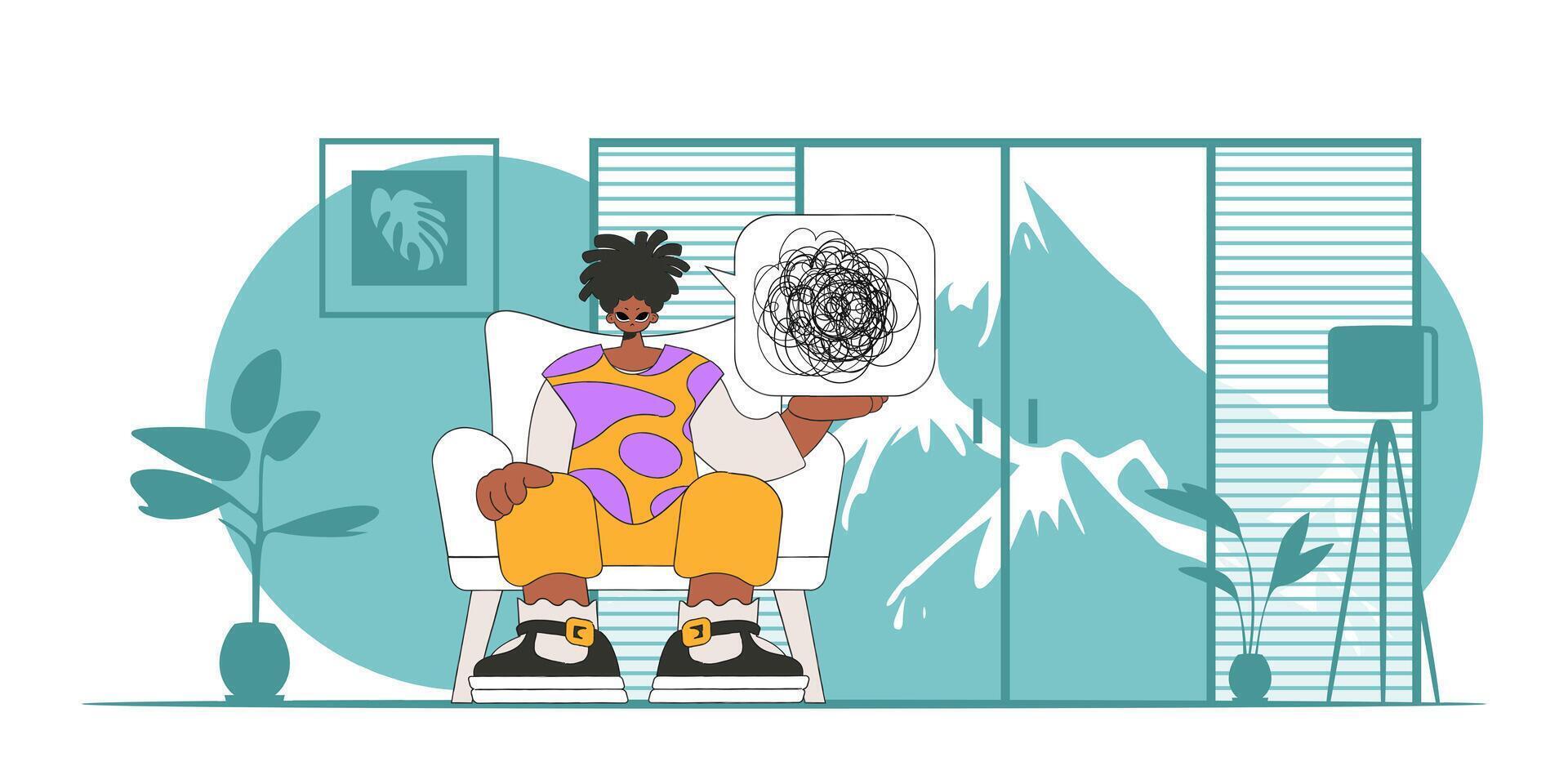 A person consumed by a sense of hopelessness and despair. The man demonstrates that he is trying to unravel his tangled thoughts. vector