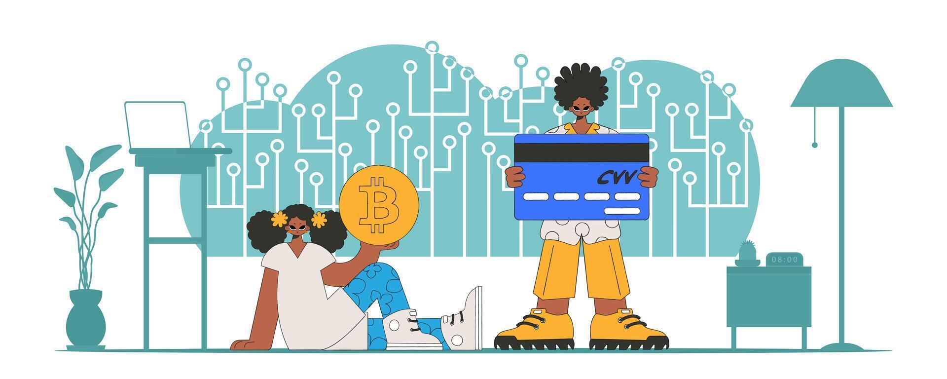 Cryptocurrency management concept. People interact with bitcoin. vector