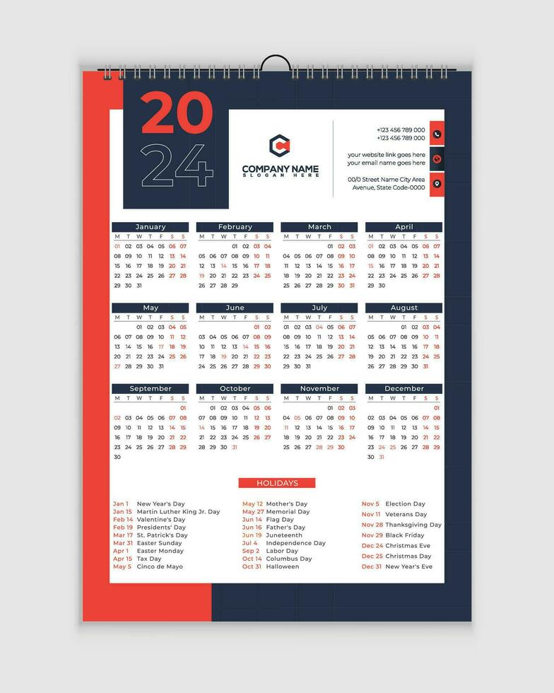 2024 calendario, calendario diseño, pared calendario, uno página pared calendario, vacaciones, calendario diseño con día festivo, calendario, nacional vacaciones, 2024, 2024 diseño, vector