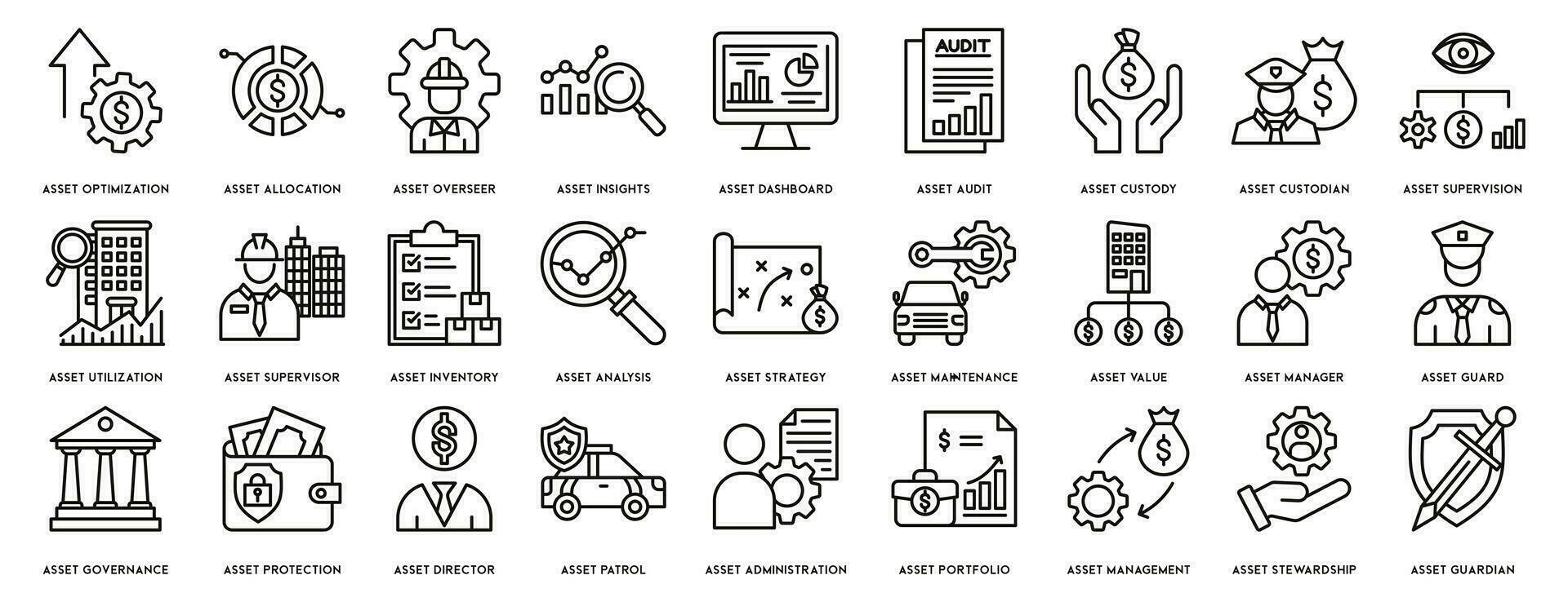 activo administración icono colocar. contiene tal íconos como auditoría, inversión, negocio, estabilidad y más, lata ser usado para web vector