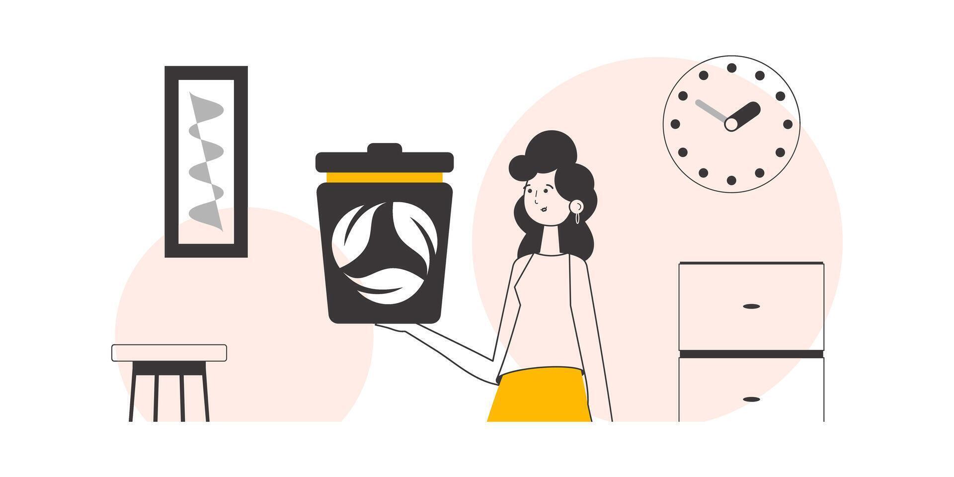 A woman is holding a trash can. The concept of recycling plastic and waste. Lineart trendy style. vector