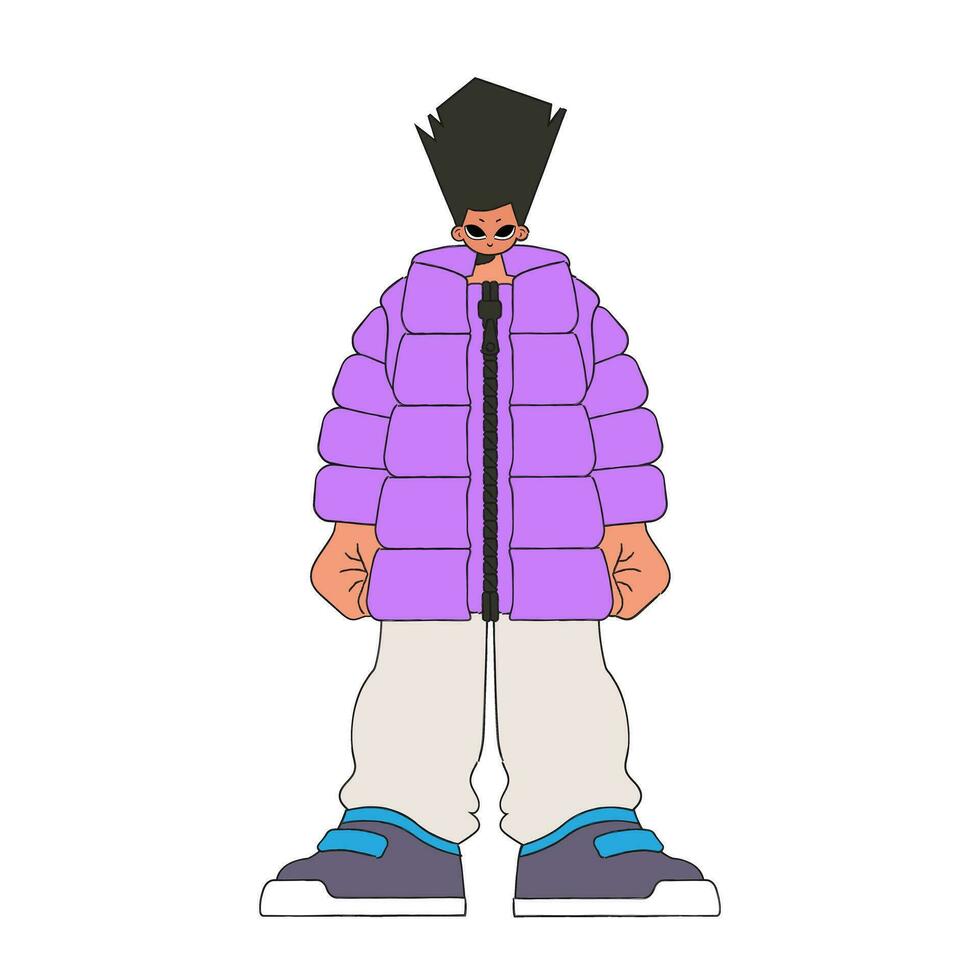 un chico con un largo peinado en un púrpura chaqueta, amplio beige pantalones y crochets. vector