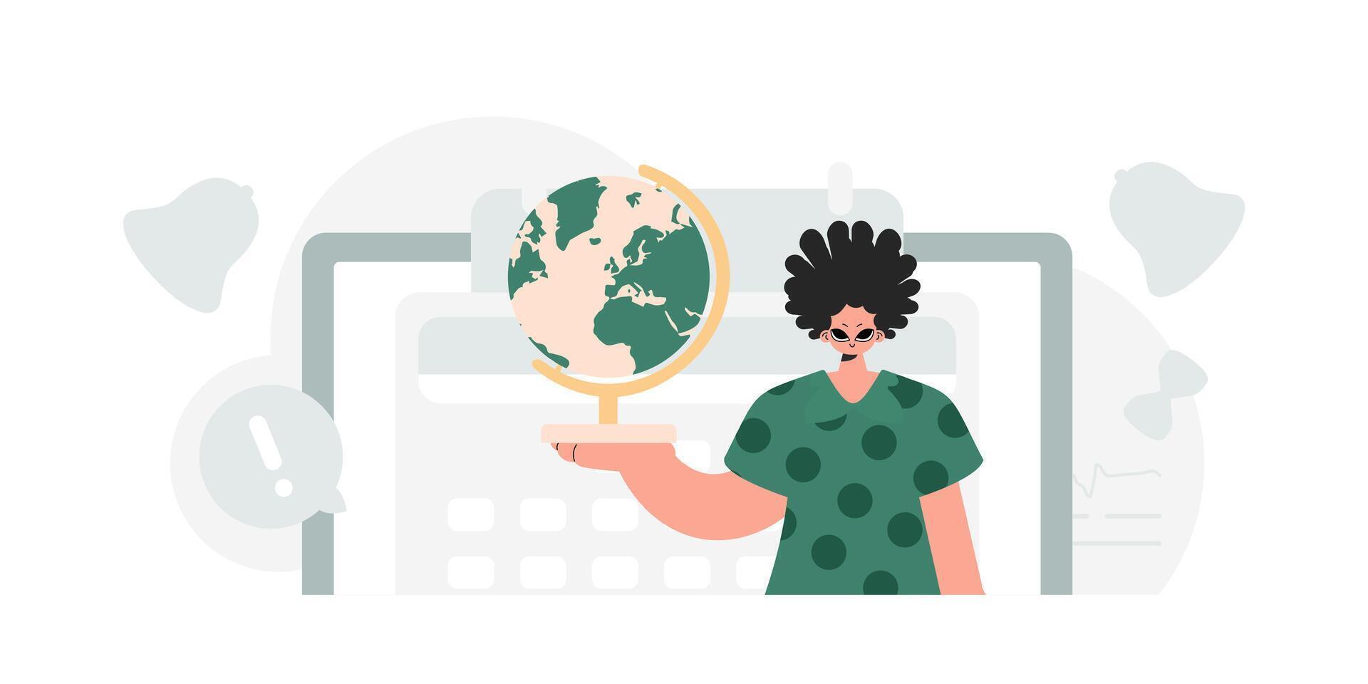 The individual is holding a colossal globe, the subject of learning. Trendy style, Vector Illustration