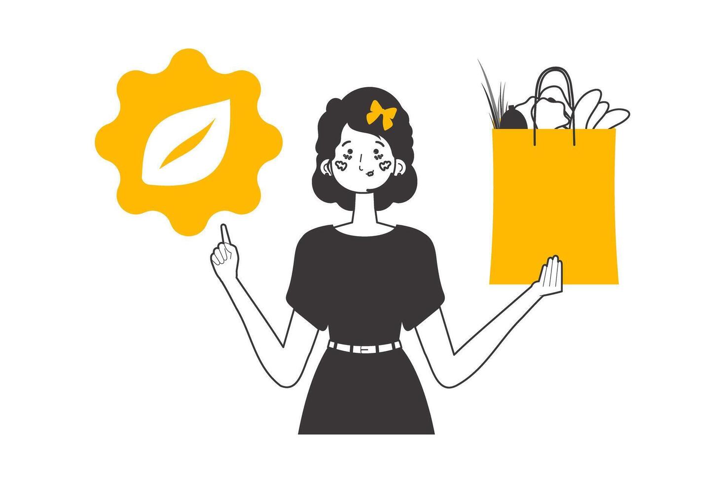 mujer, paquete con productos y eco logo. el concepto de razonable consumo. lineal moderno estilo. aislado en blanco antecedentes. vector ilustración.