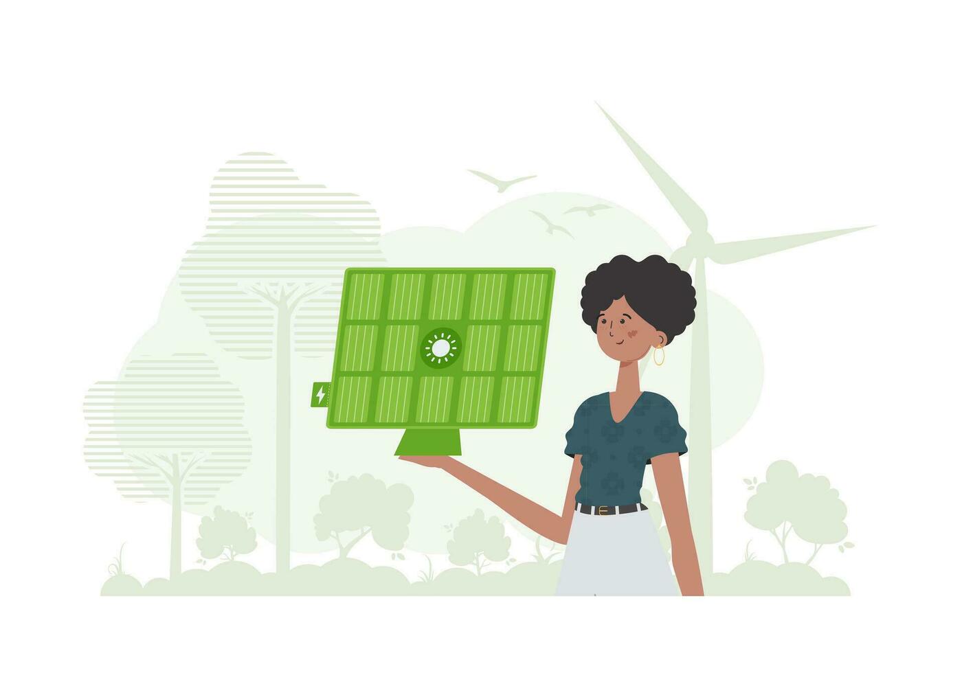 Green energy concept. The girl holds a solar panel in her hand. trendy style. Vector illustration.