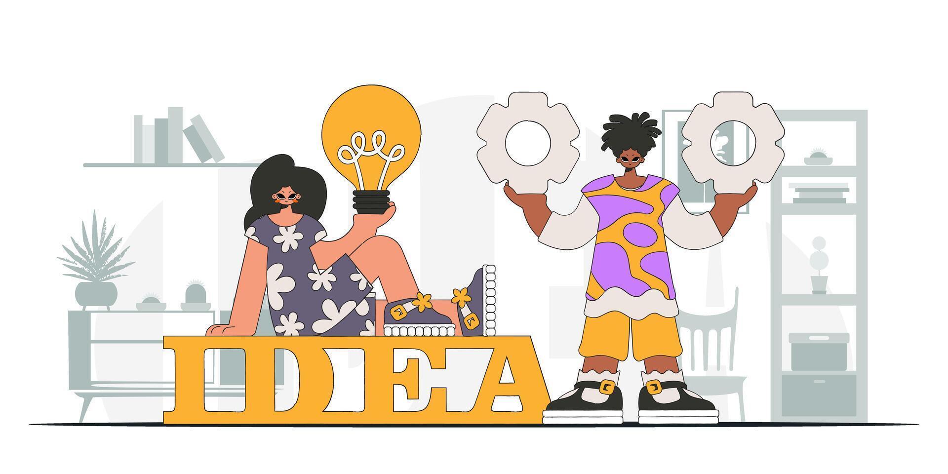 Gorgeous guy and girl solves problems and generates ideas. Light bulb and gears in their hands. Idea theme. Retro trendy style. vector