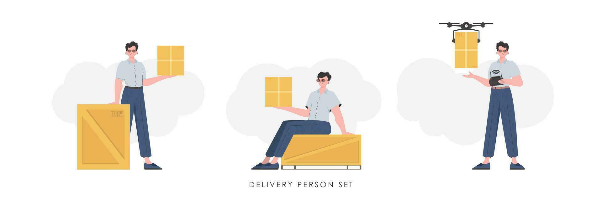 A set of a man with a box and a parcel. The concept of cargo delivery. Trendy cartoon style. Vector illustration.