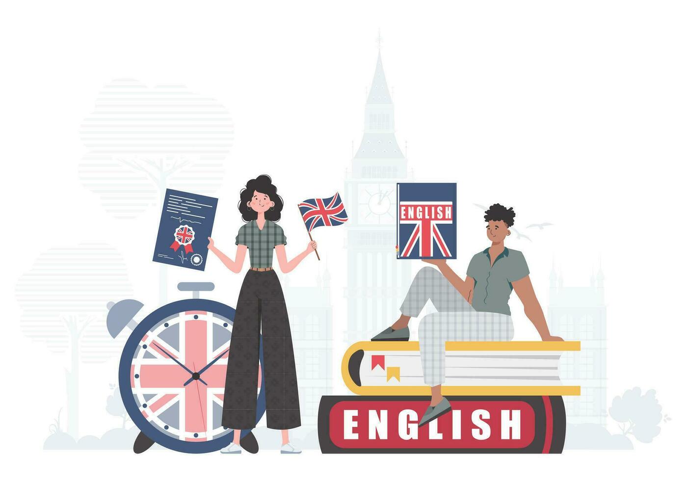 The concept of learning English. Woman and man English teachers. Trendy cartoon style. Vector illustration.