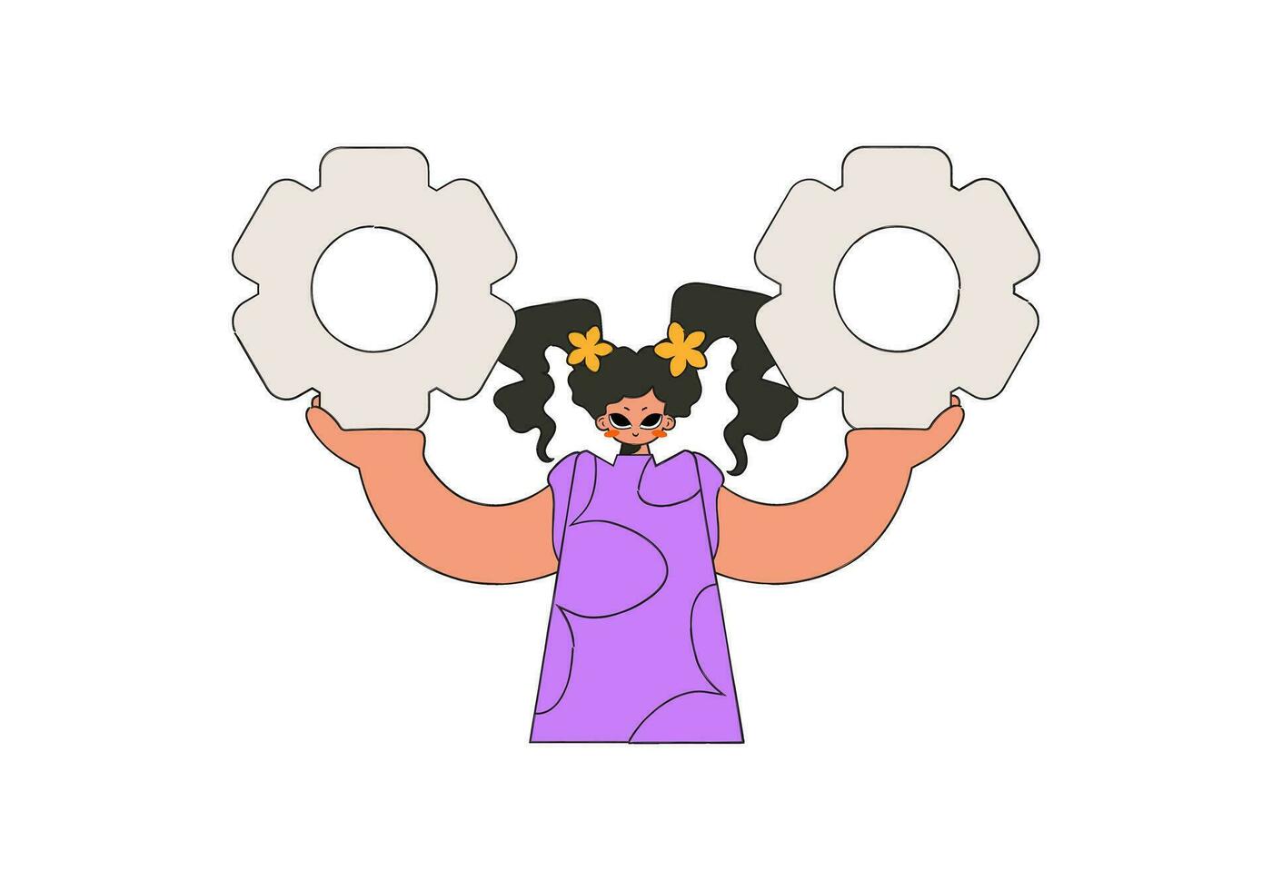 A beautiful girl is holding gears in her hands. Idea theme. vector